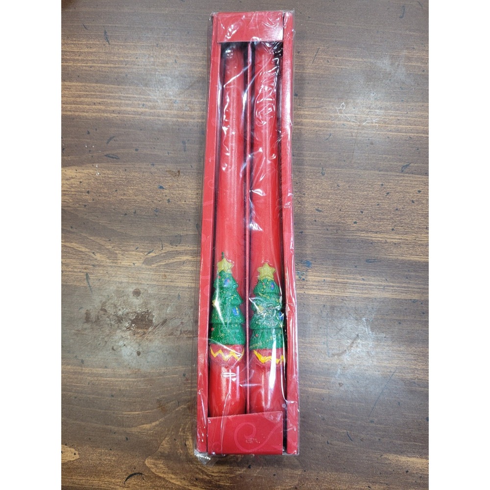 Tapered Christmas Candles Sculpted Embossed Tree Red 10" Box Of 2